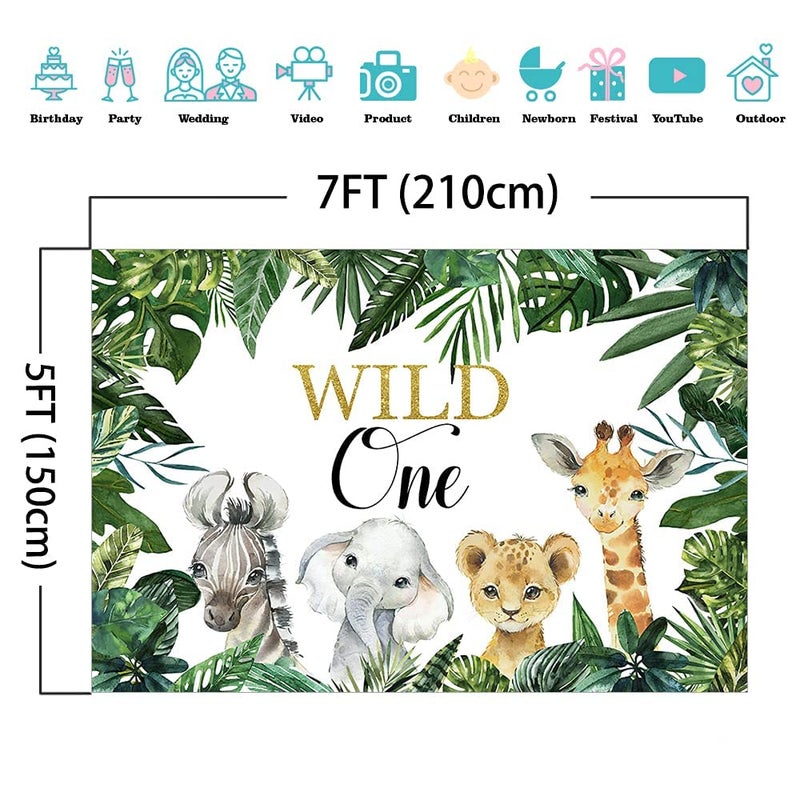 Mocsicka Safari Wild One Backdrop Safari Animal First Birthday Party Background Jungle Boy 1st Birthday Party Decorations Photography Background (7x5ft) - Image 4